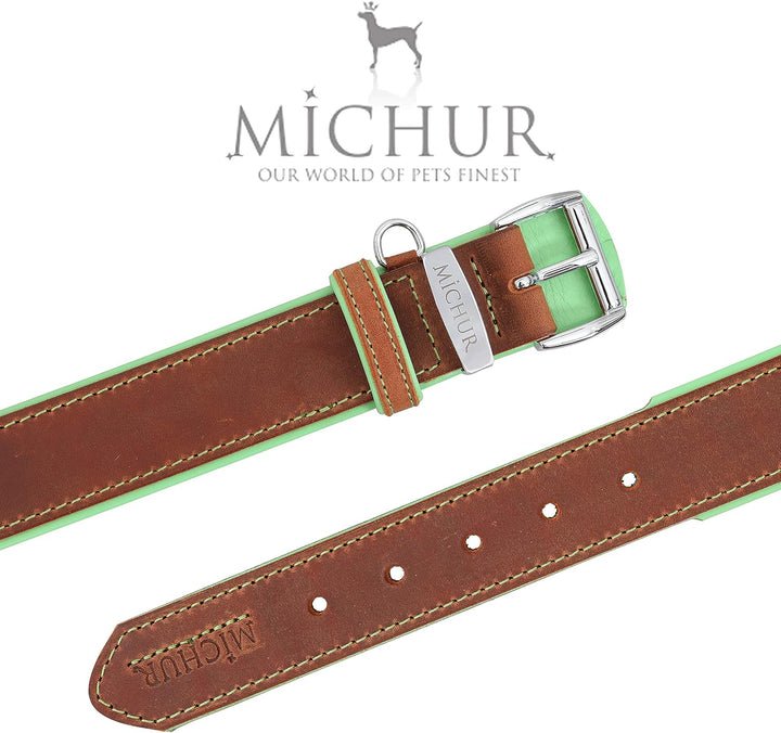 MICHUR Charly Hundehalsband Leder Braun Grün, Lederhalsband Hund, Halsband, Leder, in verschiedenen