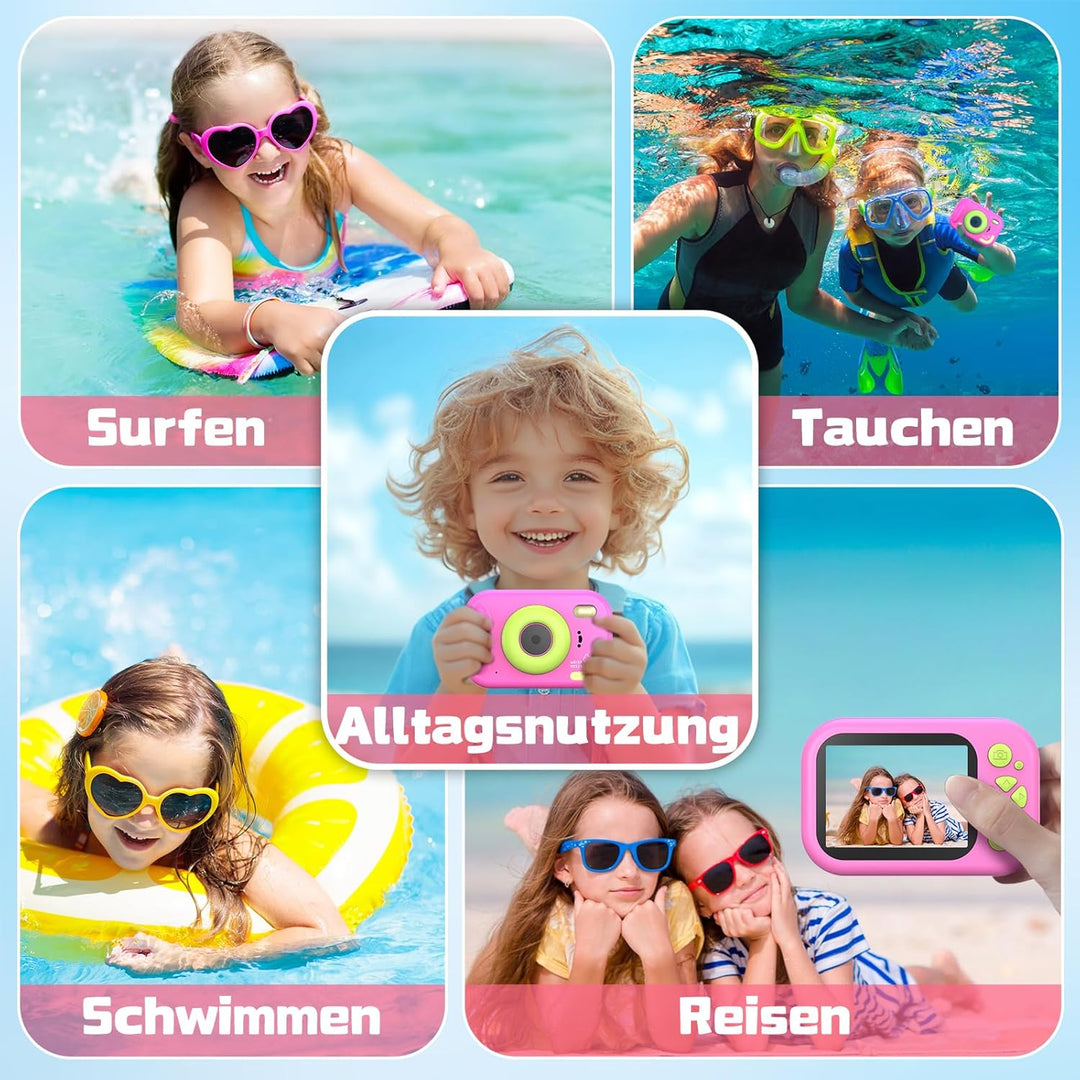 Kinderkamera, 1080P Unterwasserkamera Kinder mit 2,4 Zoll Bildschirm, 32GB-Karte, Notfall-LED-Blitz,