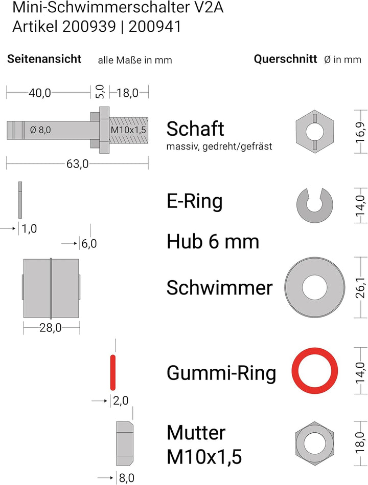 Elektrotechnik Schabus Mini-Schwimmerschalter Edelstahl 2VA Öffner/Umkehrfunktion, 1 Stück, 200941