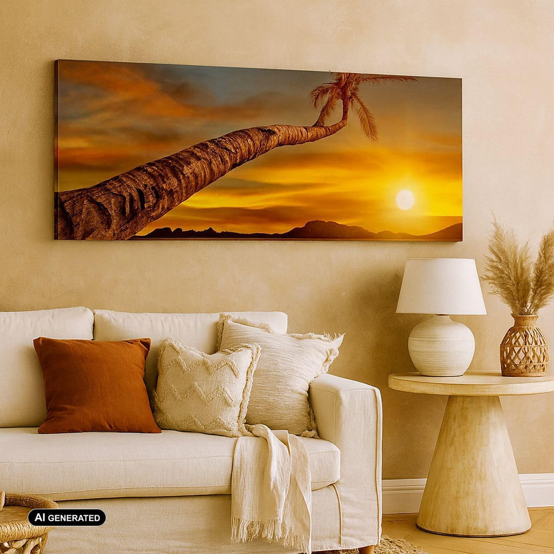 Wandbilder Dekoration Wohnzimmer Palme Landschaft Sonne Panorama Bilder auf Leinwand 120x50cm Leinwa