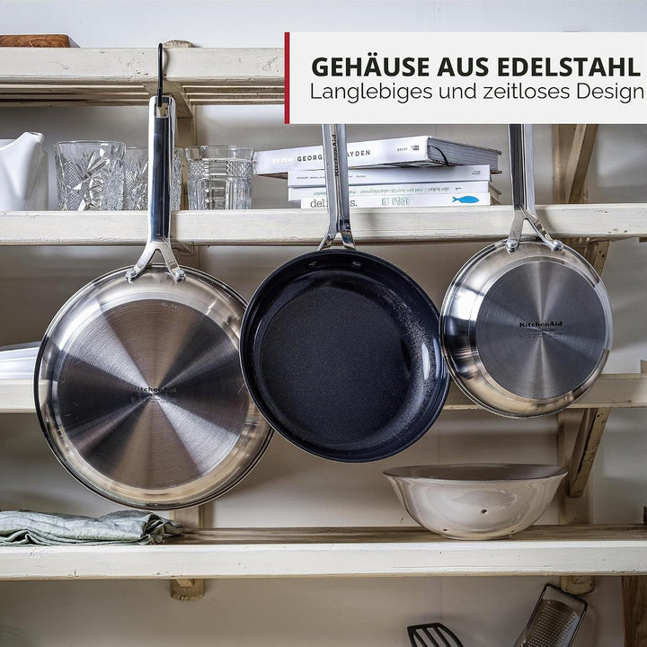 KitchenAid Stainless Steel Stielkasserollen-Set (16cm, 18cm & 20cm), PFAS-freie keramische Antihaftb