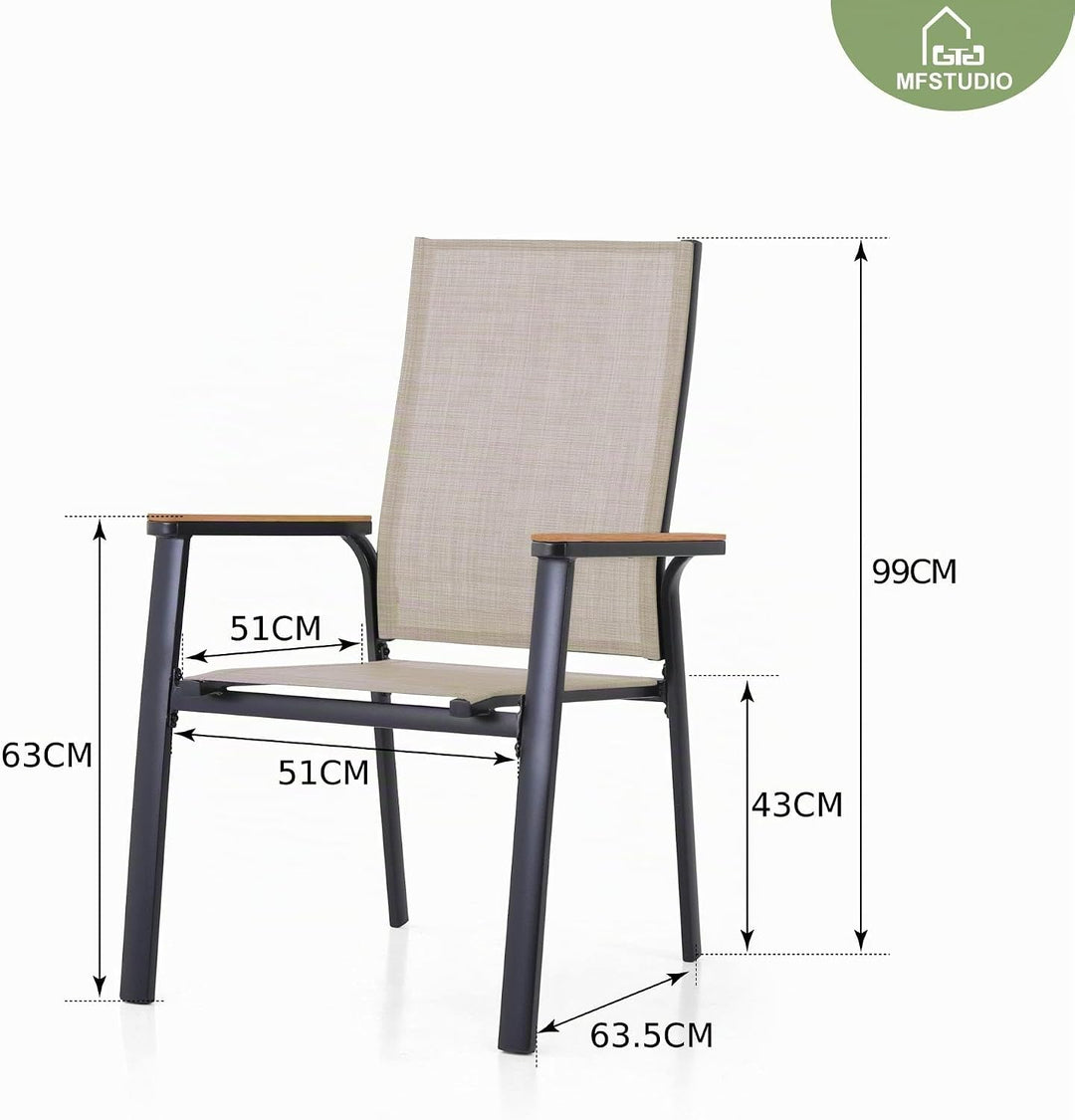 MFSTUDIO Gartenstuhl 4er Set Aluminium, Textilene Balkon Stühle Stapelbar mit Handlauf mit Holzmaser