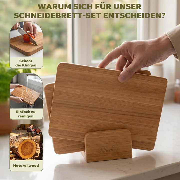 Frühstücksbrett Set 6-teilig aus Akazienholz inklusive Aufbewahrungsständer | Kleine Holzschneidebre
