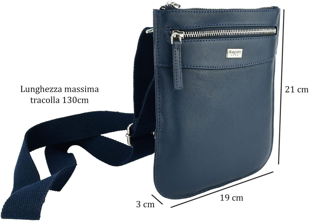 Biagiotti Herren-Handtasche mit verstellbarem Schultergurt, mehrere Taschen aus echtem Leder Blau Kl