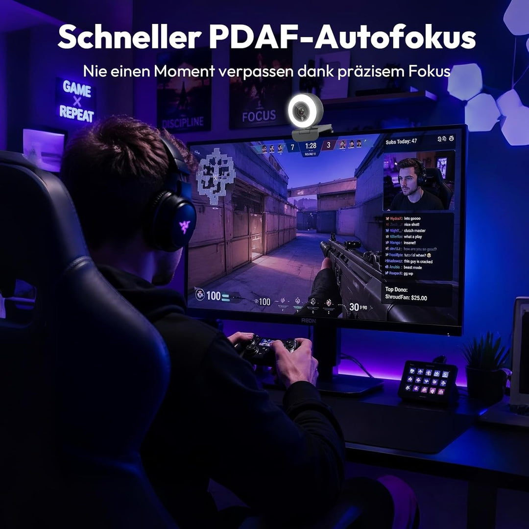 Angetube 4K Webcam mit Licht,PC-Kamera mit Zwei Mikrofonen,1080P@60FPS für flüssiges Streaming,USB-A