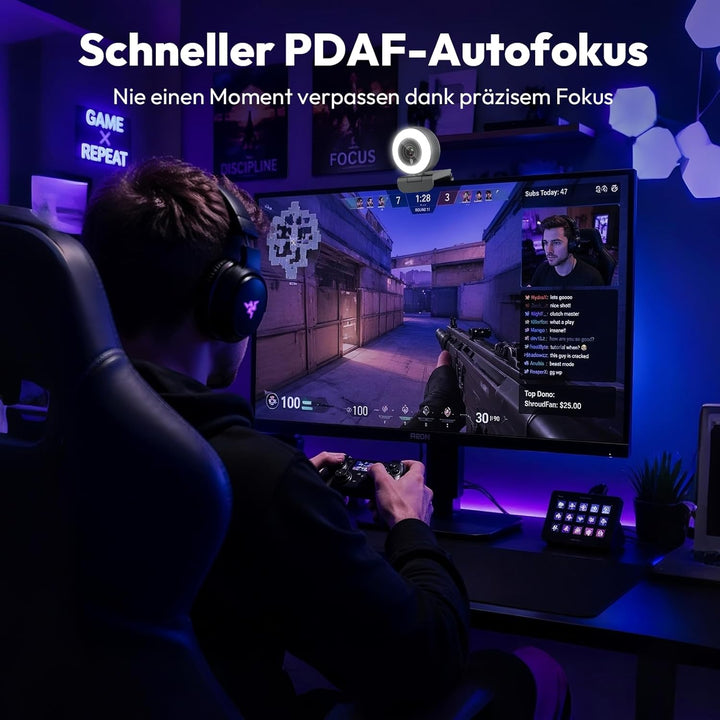 Angetube 4K Webcam mit Licht,PC-Kamera mit Zwei Mikrofonen,1080P@60FPS für flüssiges Streaming,USB-A