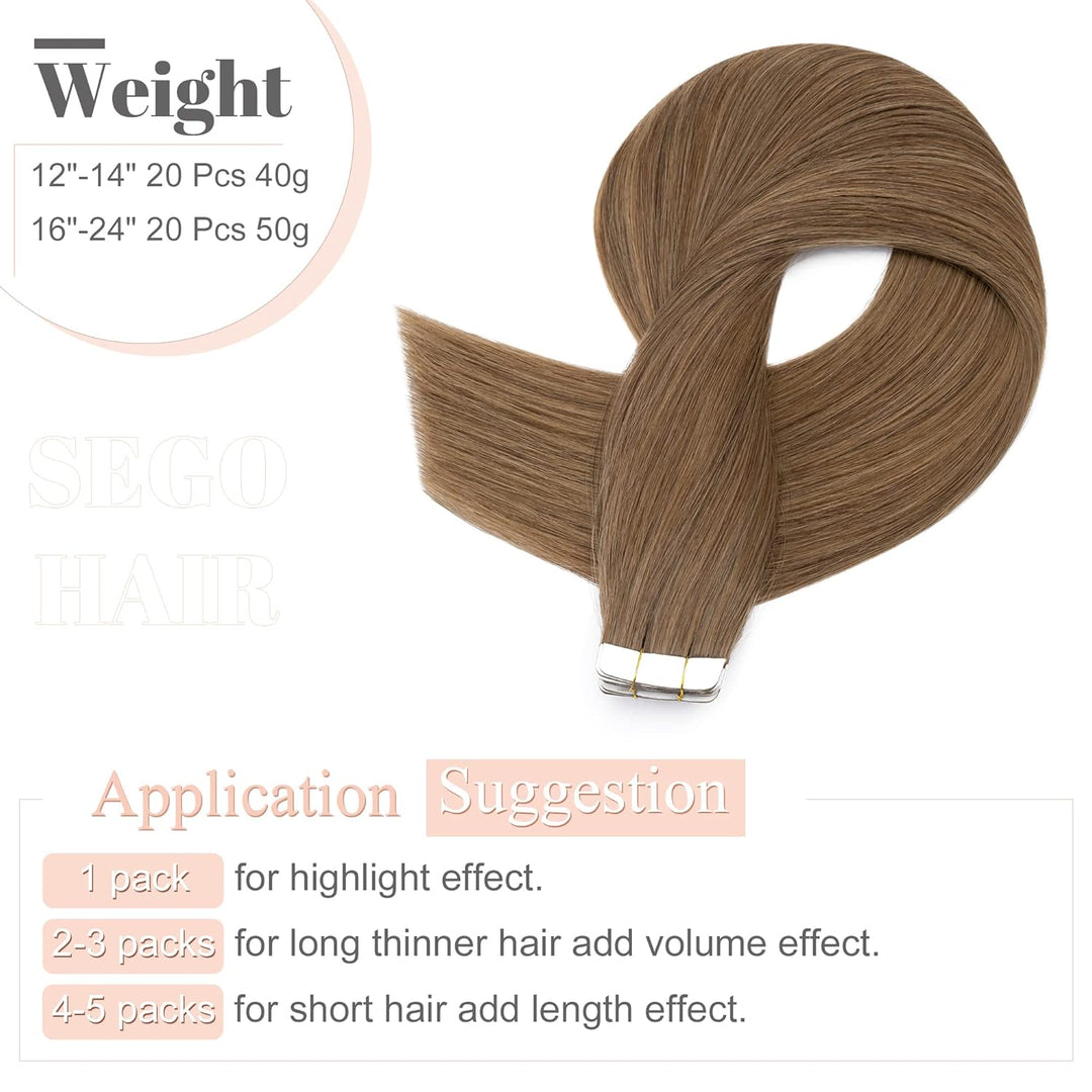SEGO Tape in Extensions Echthaar Haarverlängerung Klebeband Haarteil 100% Remy Human Haar (20 stück+