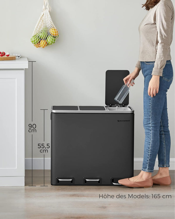 SONGMICS Mülleimer Küche, Mülltrennsystem, 3 x 18 L, Treteimer mit 3 Fächern, Abfalleimer, Softclose