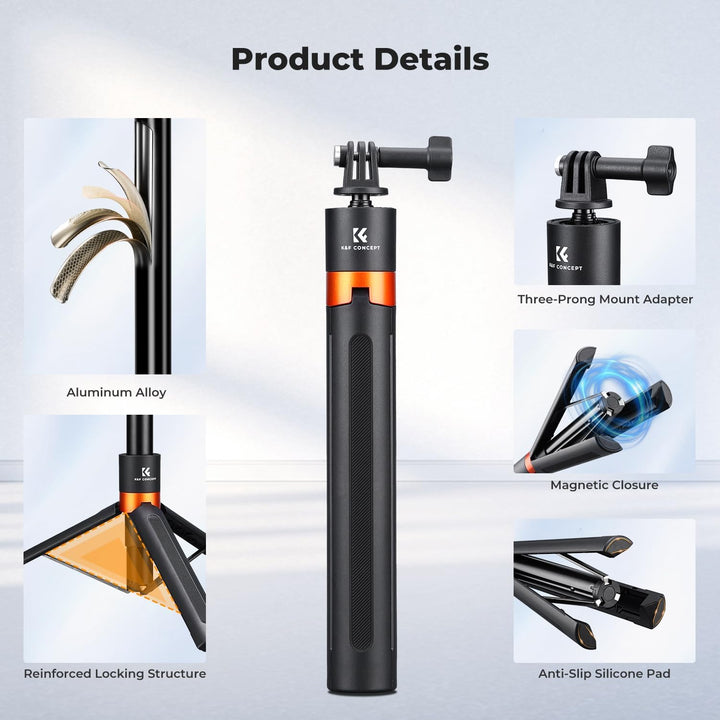 K&F CONCEPT 142 cm Selfie-Stick für Actionkameras, 2-in-1 Tragbarer Selfie Stick Stativ mit Dreizack