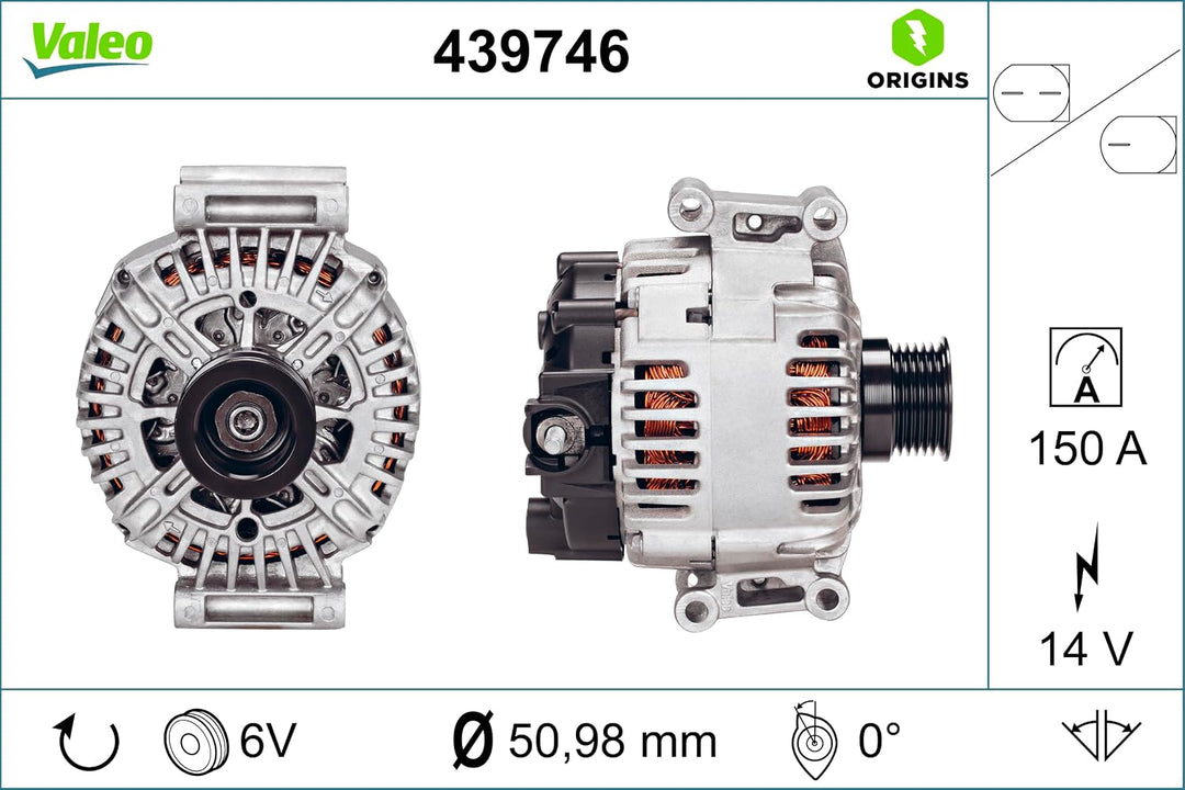 VALEO 439746 Generator Ladestrom des Generators: 150 Amp Rippen: 6 rippen Riemenscheibe Ø: 51 mm Spa