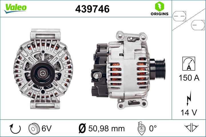 VALEO 439746 Generator Ladestrom des Generators: 150 Amp Rippen: 6 rippen Riemenscheibe Ø: 51 mm Spa