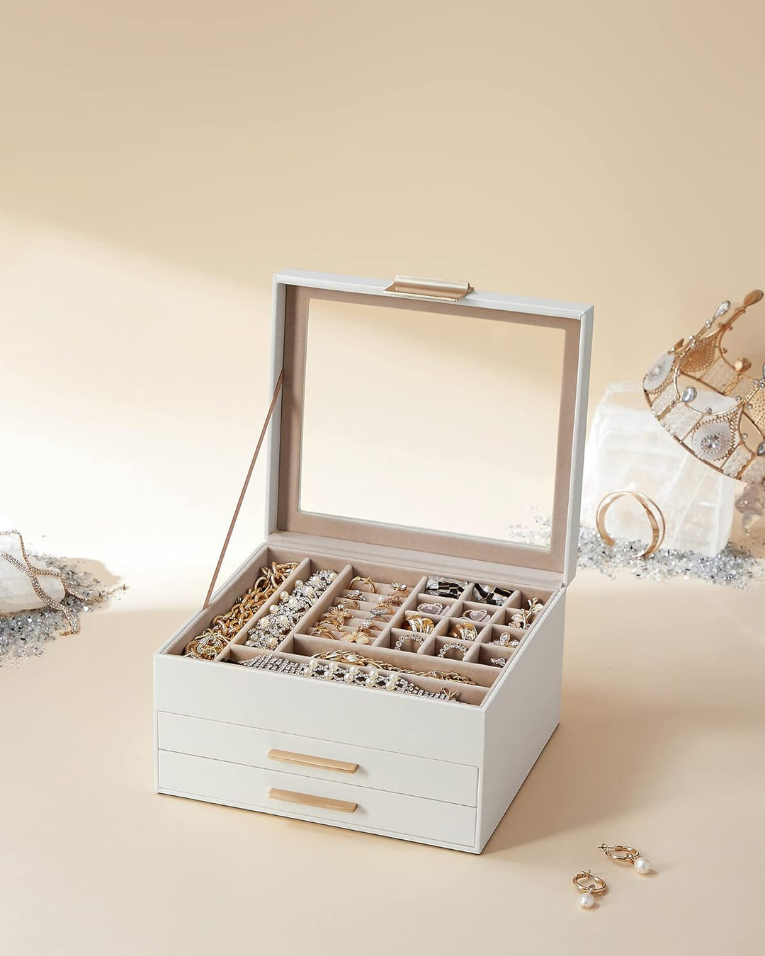 SONGMICS Schmuckkästchen mit Glasdeckel Schmuckkasten mit 3 Ebenen, Schmuckbox mit 2 Schubladen, Sch