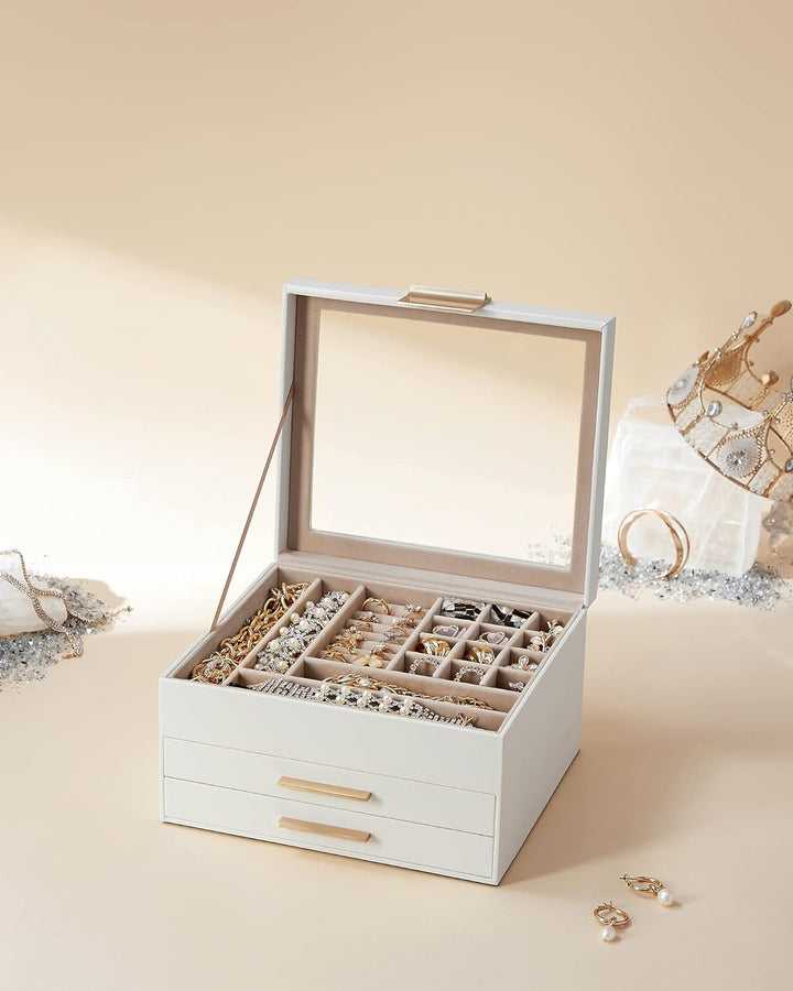 SONGMICS Schmuckkästchen mit Glasdeckel Schmuckkasten mit 3 Ebenen, Schmuckbox mit 2 Schubladen, Sch