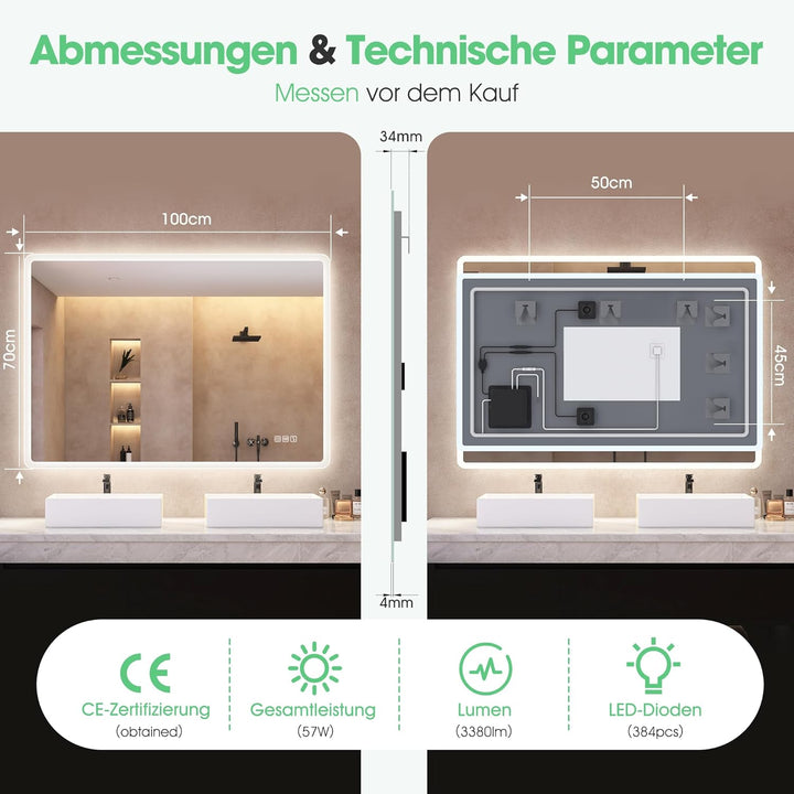 S'bagno Badspiegel-mit-Beleuchtung 100x70cm, Led-Badezimmerspiegel-mit-Licht, Bluetooth, Entfoggen,