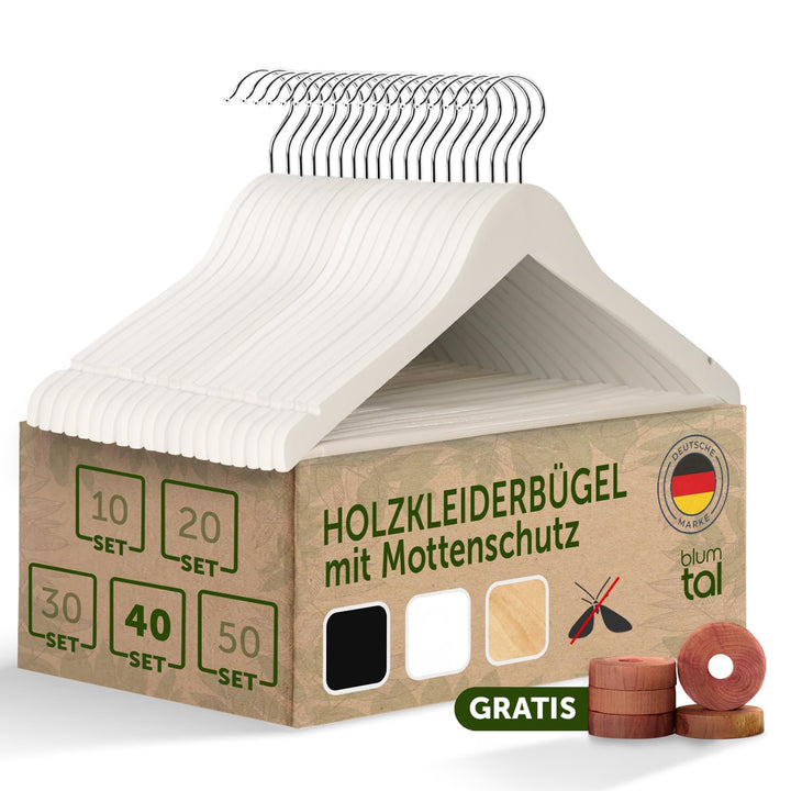 Blumtal Kleiderbügel Holz 40er Set - Holzbügel mit 360° drehbarem Metallhaken - Kleiderbügel Weiss +