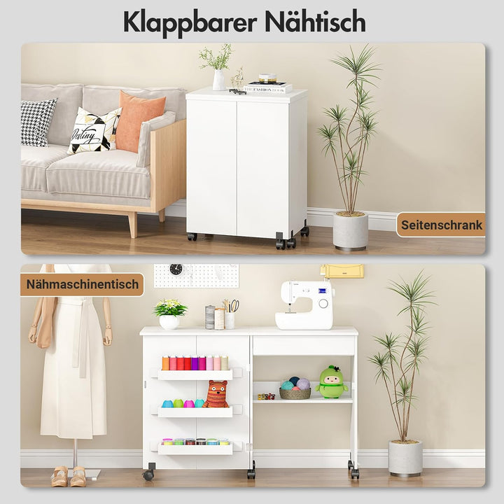 Rebonique Nähtisch Klappbar, 2-in-1 Nähmaschinentisch, Nähmaschinenschrank mit Offenen Ablagefächern