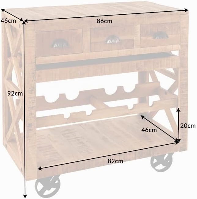 riess-ambiente.de Industrial Barschrank Bodega 86cm Mangoholz Servierwagen mit Weinregal