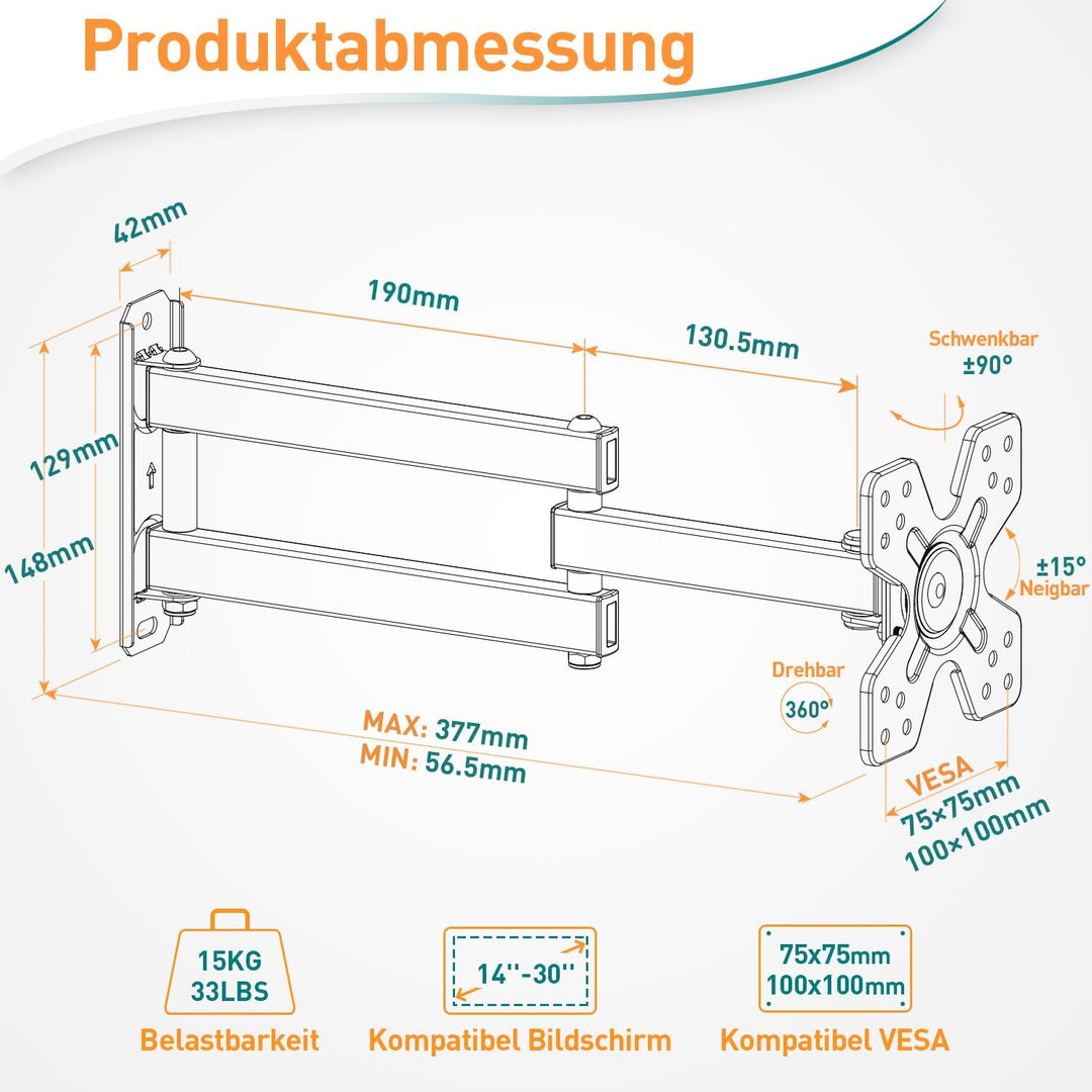ELIVED Monitor Wandhalterung Schwenkbar Neigbar für die meisten 14-30 Zoll Bildschirme bis 15kg, Max