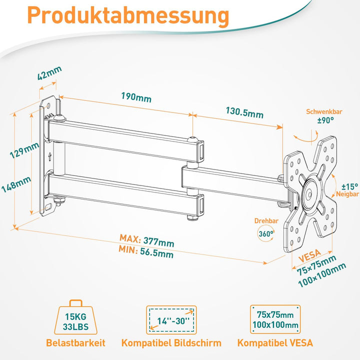 ELIVED Monitor Wandhalterung Schwenkbar Neigbar für die meisten 14-30 Zoll Bildschirme bis 15kg, Max