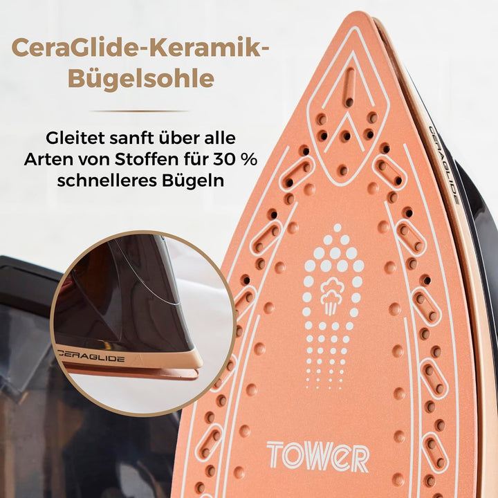 TOWER T22023GLDVDE IRON STEAM GENERATOR Dampfgenerator, Champagnergold und Schwarz Ceraglide Dampfbü