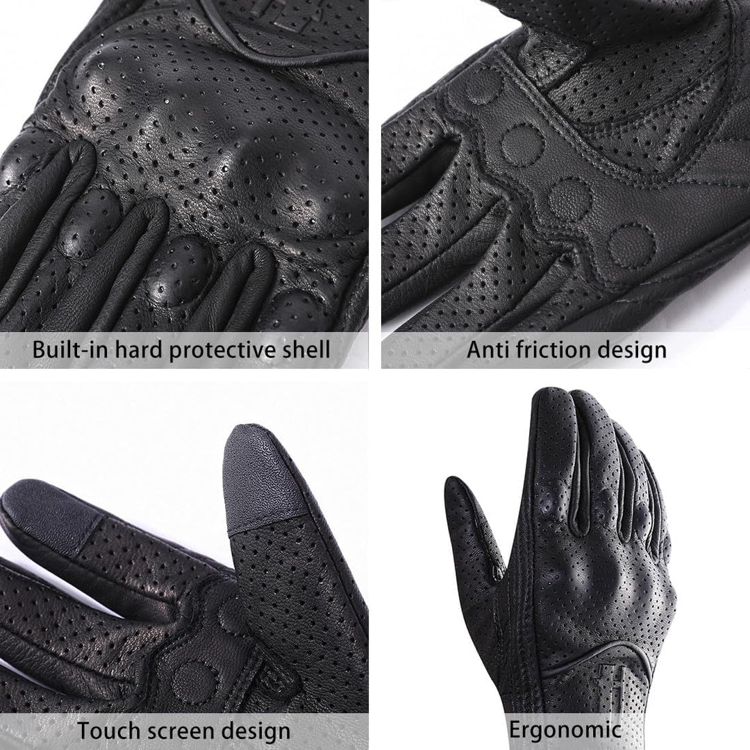 Harssidanzar Herren Motorradhandschuhe Ziegenleder Vollfinger Atmungsaktives und Perforiertes Design