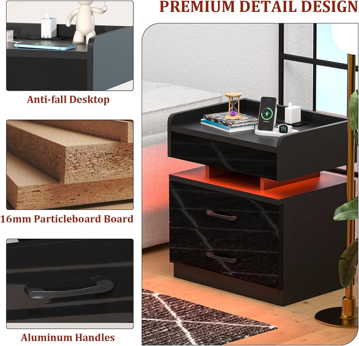 Nachttisch Schwarz mit Steckdose, Nachtschrank mit Ladestation und USB Anschlüsse, Nachttisch mit LE