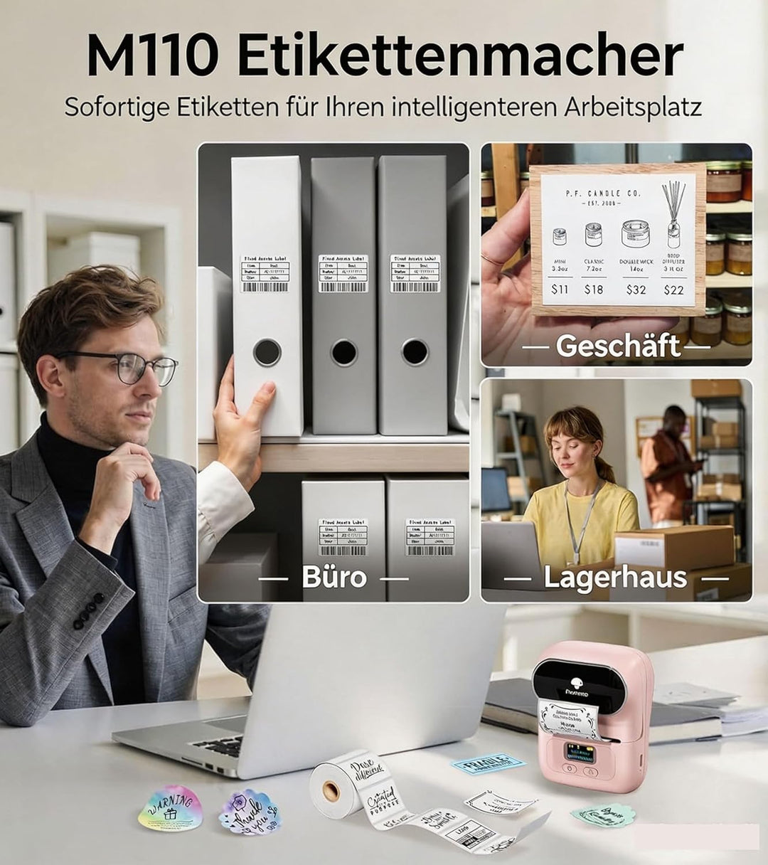 Phomemo M110 Bluetooth Etikettendrucker, Tragbarer Etikettiergerät Labeldrucker mit 3 Etikettenrolle