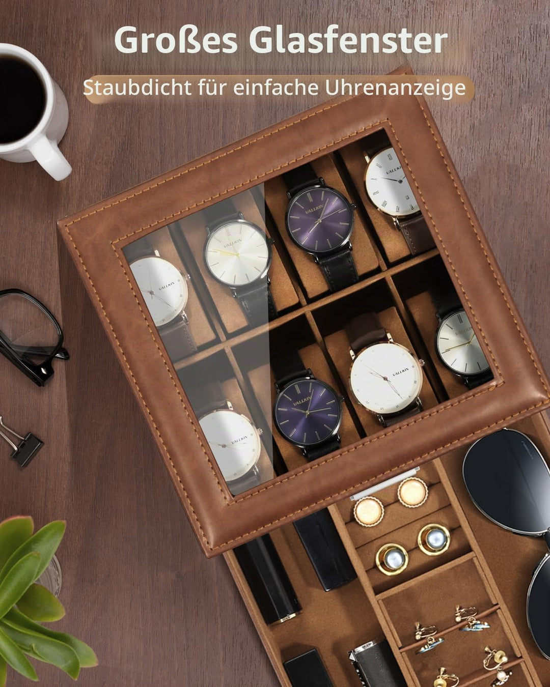 Uten Uhrenbox, 8 Fächern und 1 Schublade mit Schlüsselschloss, Glasdeckel, Braunes PU, Braunes Samtf