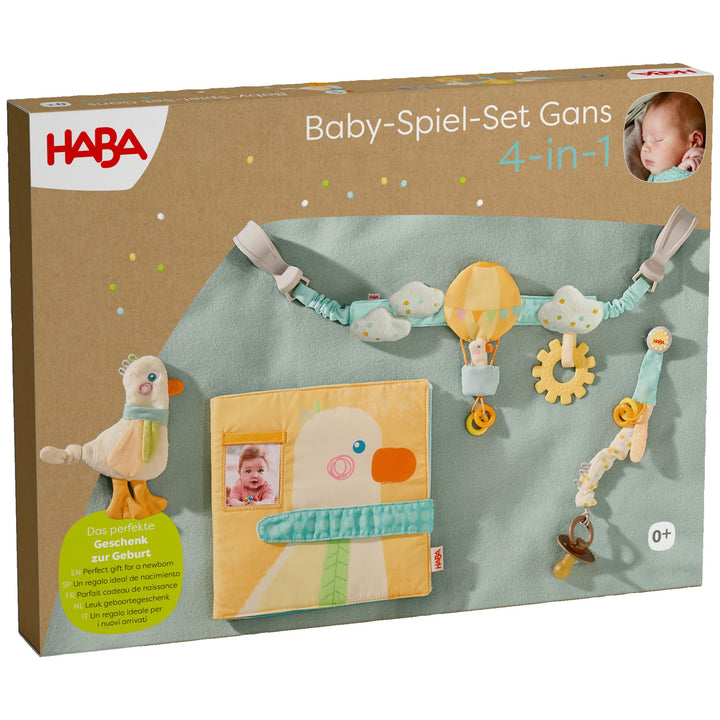 HABA Baby-Spiel-Set Gans – 4-in-1 Erstausstattung & Babygeschenk zur Geburt mit Kinderwagenkette, Sc