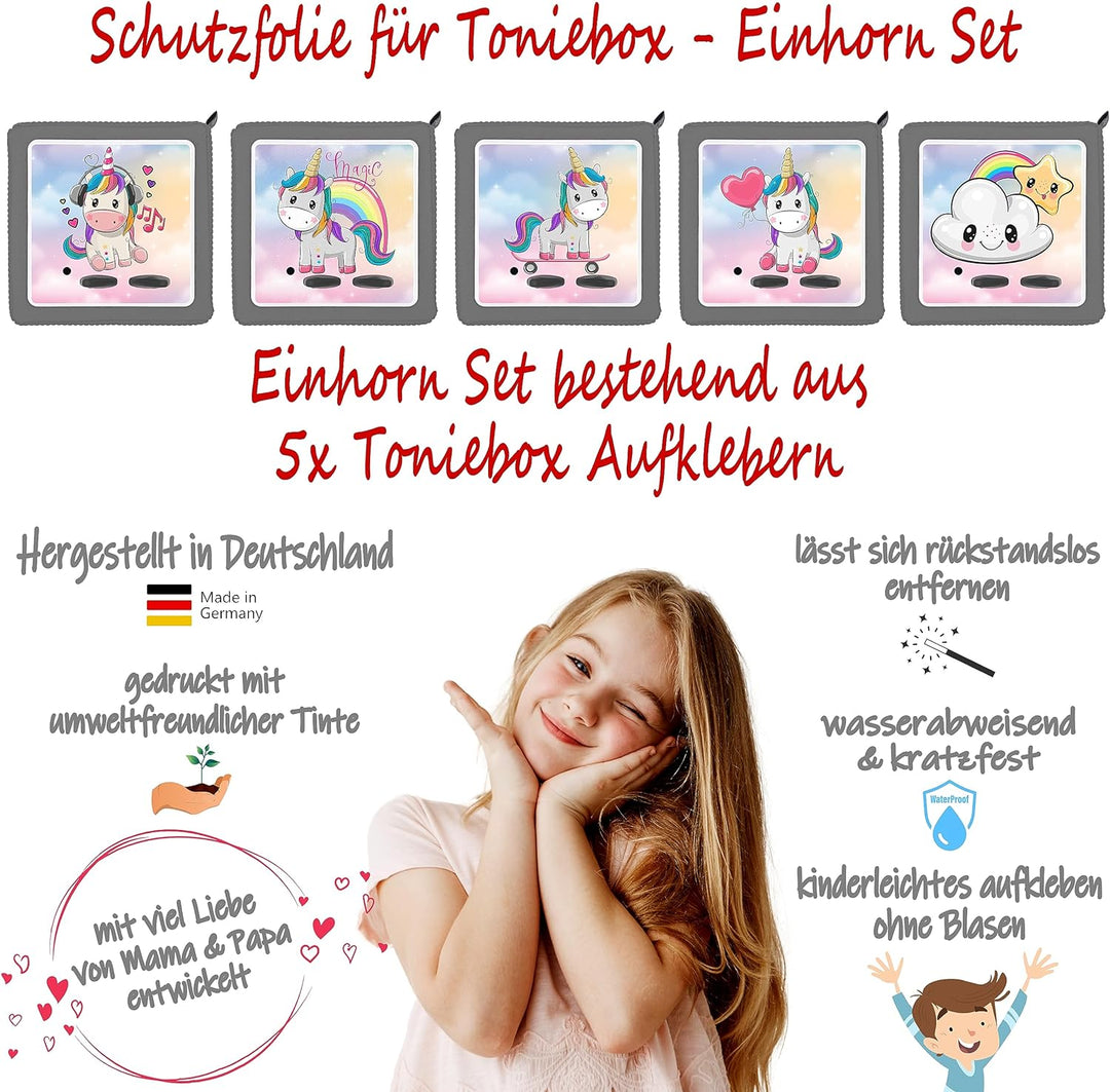Punalu - Einhorn Set Toniebox Aufkleber bestehend aus 5x Einhörner Schutzfolien für Toniebox, Einhor