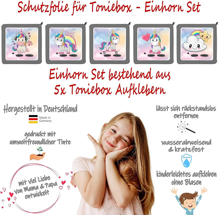 Punalu - Einhorn Set Toniebox Aufkleber bestehend aus 5x Einhörner Schutzfolien für Toniebox, Einhor