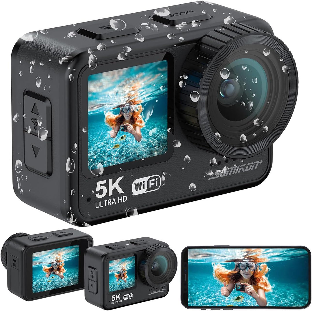 Somikon Unterwasserkamera: Mini-Actioncam mit 5K-Auflösung, wasserdicht bis 21 m, 2 Displays, EIS (M