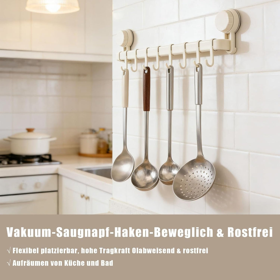 Hakenleiste Küche ohne Bohren mit 8 Haken,Küchenutensilienhalter Saugnapf Montage,45 cm lang,Halter
