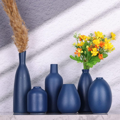 Blaue Keramik Knospen Vasen Set von 6, Bauernhaus Dekor, Kamindekor, Kaminsims & Regal Dekor, Heimde