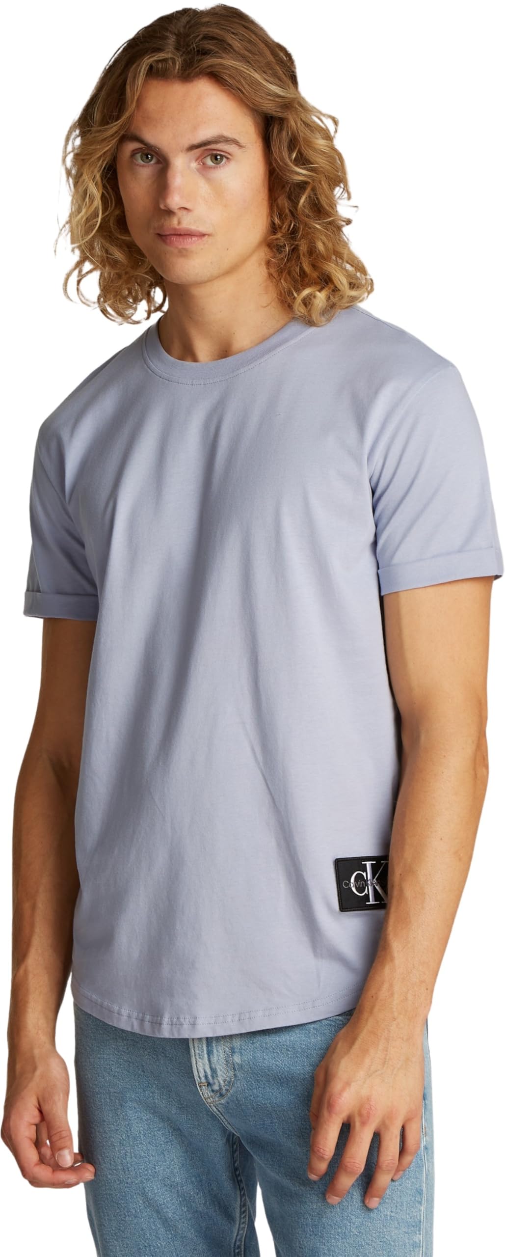 Calvin Klein Herren T-Shirt Kurzarm Badge Turn Up Sleeve Rundhalsausschnitt XS Blue (Aleutian), XS B