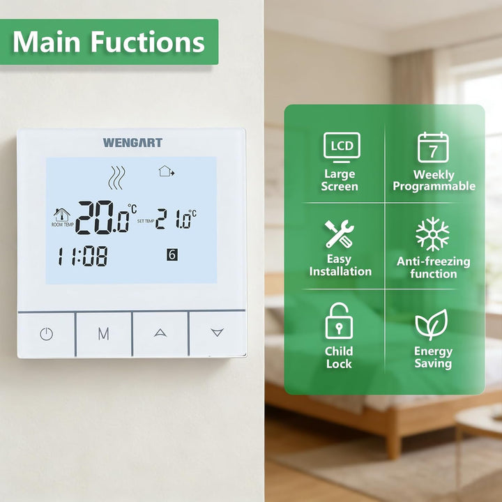 Wengart Programmierbarer Touch-Thermostat WG356,AC230V,grosse Digitalanzeige,3A-Ausgang,zum Einstell