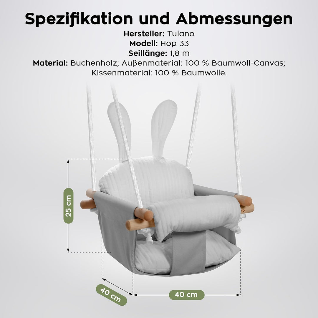 Tulano Hop 33 Grey | Baby Schaukel Hängesitz Indoor & Outdoor | Ab 6 Monaten | Mit Sicherheitsgurt &