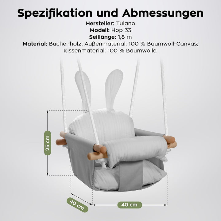 Tulano Hop 33 Grey | Baby Schaukel Hängesitz Indoor & Outdoor | Ab 6 Monaten | Mit Sicherheitsgurt &