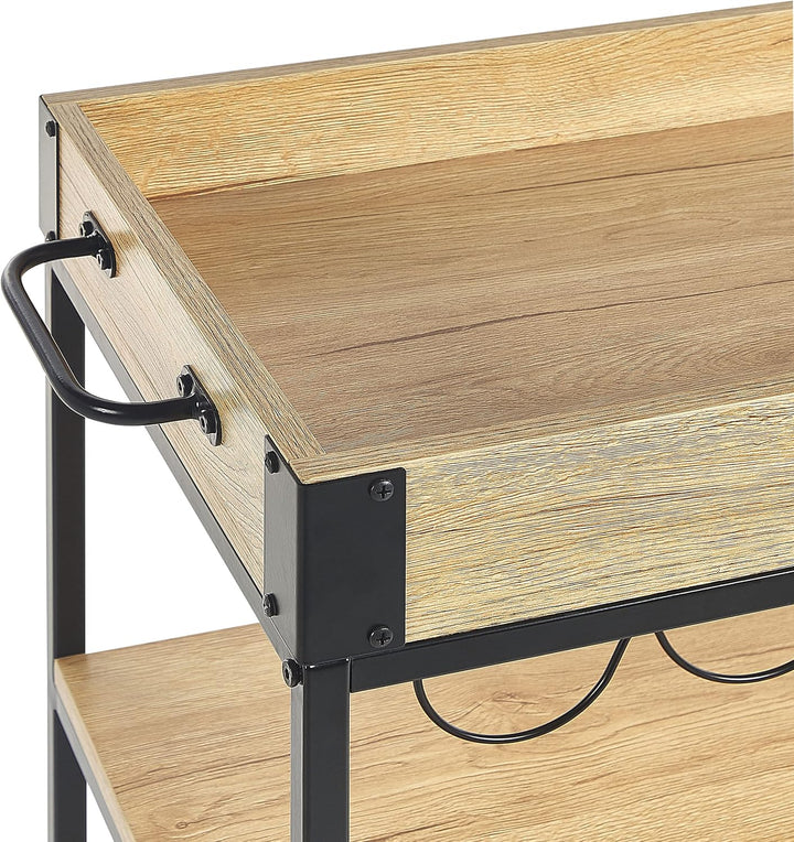 Beliani Servierwagen Heller Holzfarbton Metall schwarz mit Weinregal Glashalter Hullet