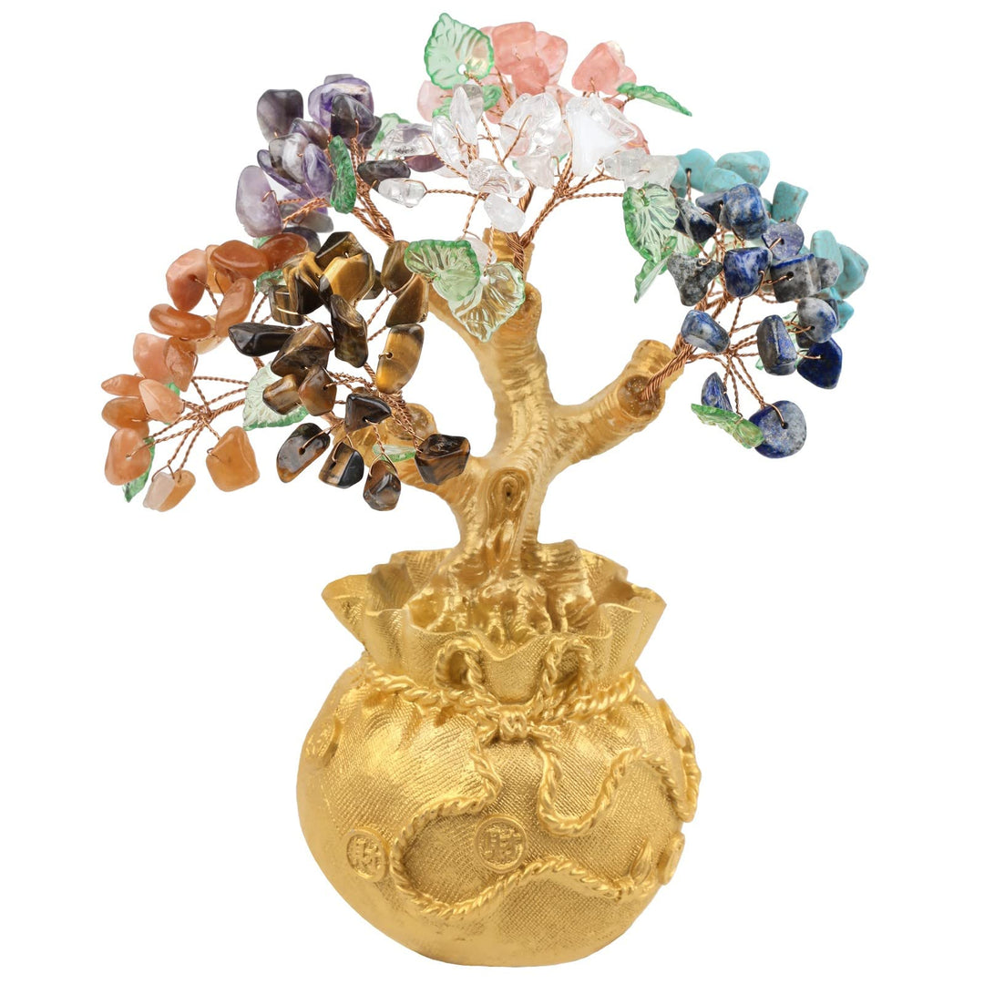 mookaitedecor 7 Chakra Stein Geld Baum mit goldenen Geldbeutel Basis, Feng Shui Baum Bonsai Ornament