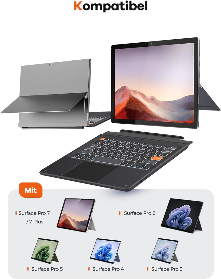 Doohoeek Bluetooth Tastatur für Surface Pro 7+/7/6/5/4/3, Kabellose Beleuchtete Tastatur, Ultraslim