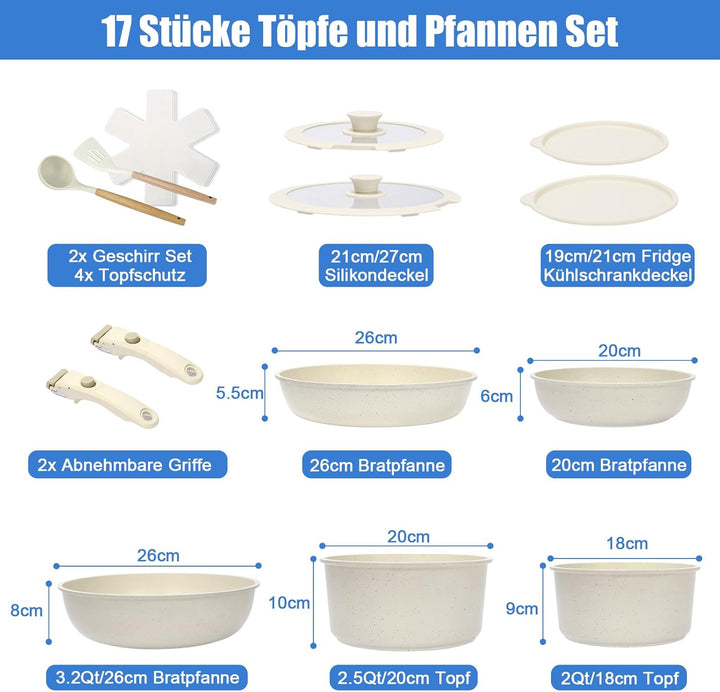 GFTIME Topfsets Pfannenset 17-teilig Antihaft-Keramikbeschichtung mit Abnehmbaren Griffen, Für Alle