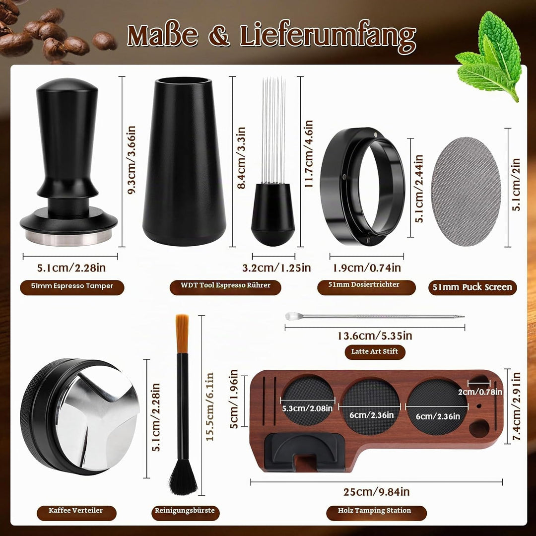 51mm Espresso Zubehör Set 8 teilig mit Holz-Tamperstation, Tamper, WDT Tool, Dosing Ring, Verteiler,