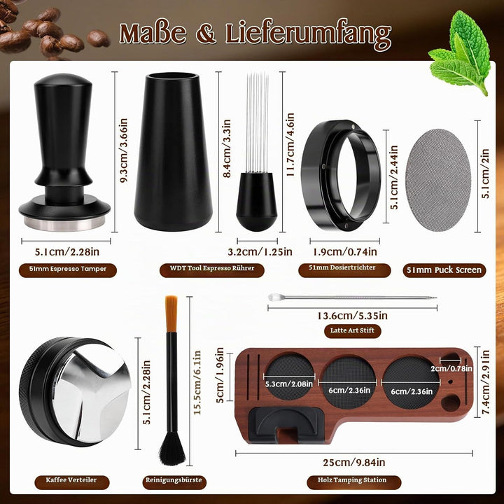 51mm Espresso Zubehör Set 8 teilig mit Holz-Tamperstation, Tamper, WDT Tool, Dosing Ring, Verteiler,