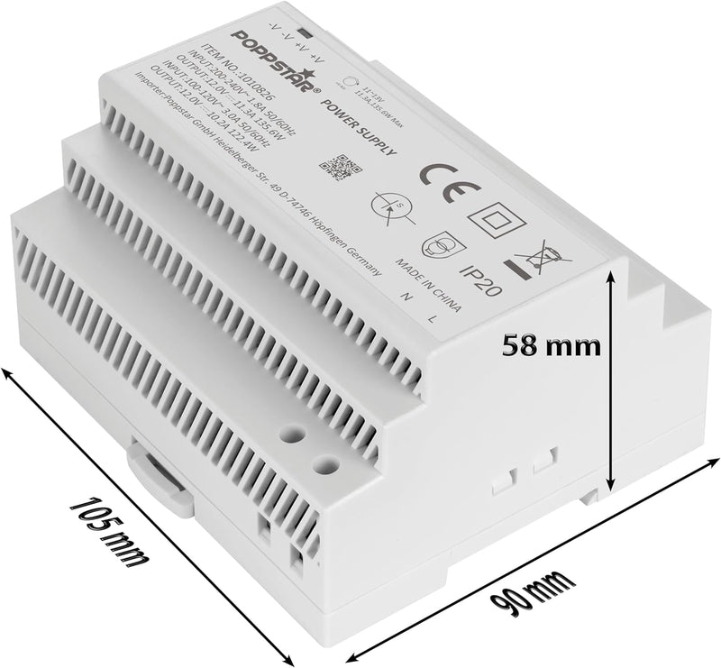 Poppstar 12V Trafo Hutschiene 11,3 A max. 135W (Input 100-240 V AC 50/60 Hz) Hutschienen-Netzteil 12