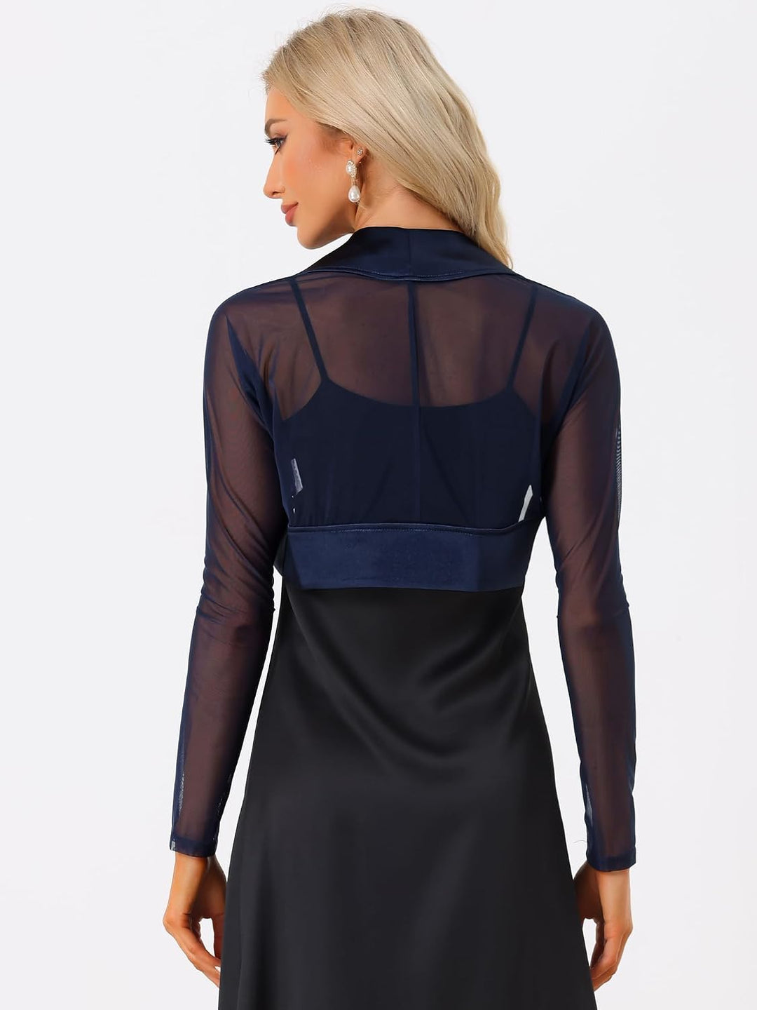 Allegra K Damen Satin Bolero Langarm Hochzeit Crop Shrugs Offen Elegant Chiffon Cardigan M Dunkel Bl