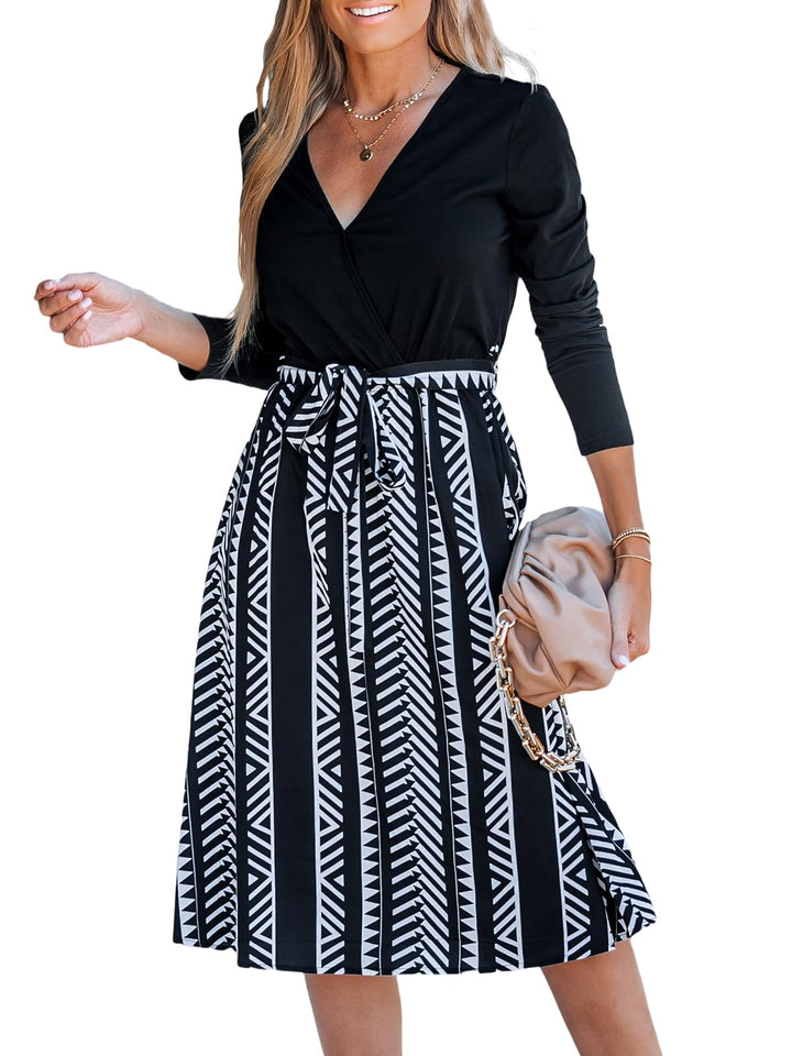 CUPSHE Damen Herbst Kleid V Ausschnitt Langarm Bindegürtel A Linie Leopardenmuster Partykleid Freize