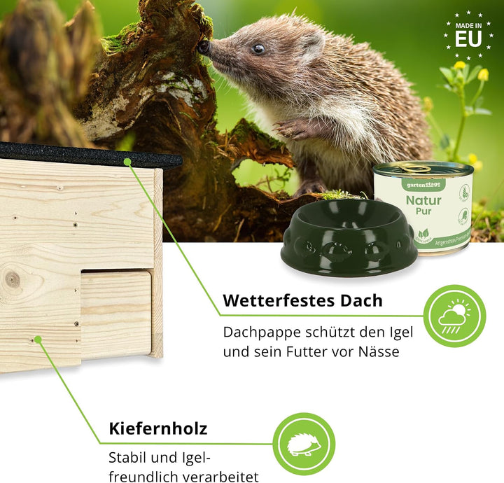 GARTENETAGE Igel-Starter-Set Igelhaus mit Rattenklappe inkl. Futterschale &amp; 5X Premium-Igelfutter –