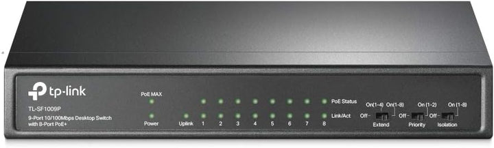 TP-Link TL-SF1009P 9-Port Fast Ethernet PoE Switch mit 8 PoE+ Ports(65 Watt, geschirmte RJ-45 Ports,