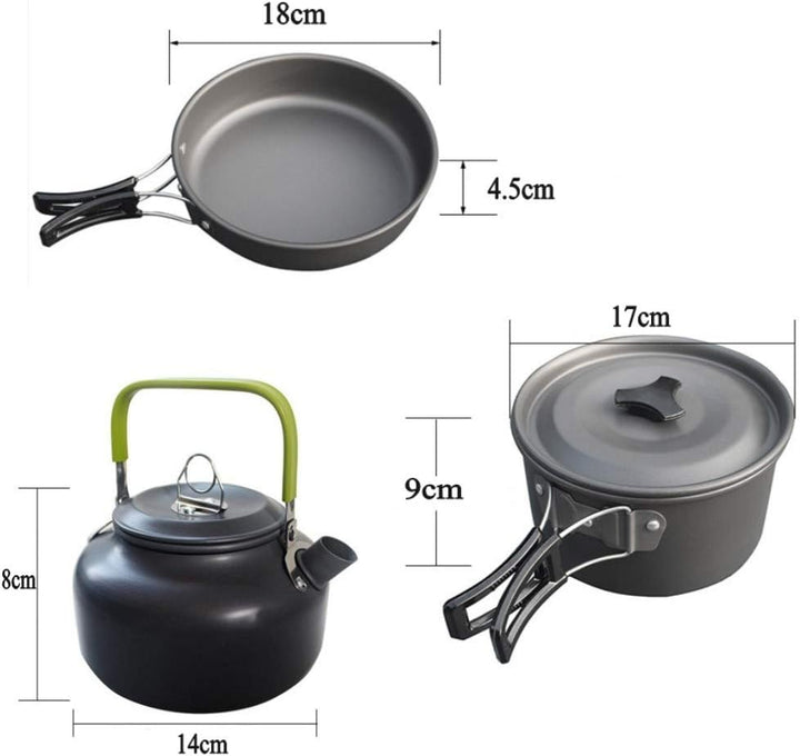 JZK Camping Kochgeschirr Set 2-3 Personen Faltbare Camping-Kochtopf Set Stieltopf Pfanne Teekanne, A